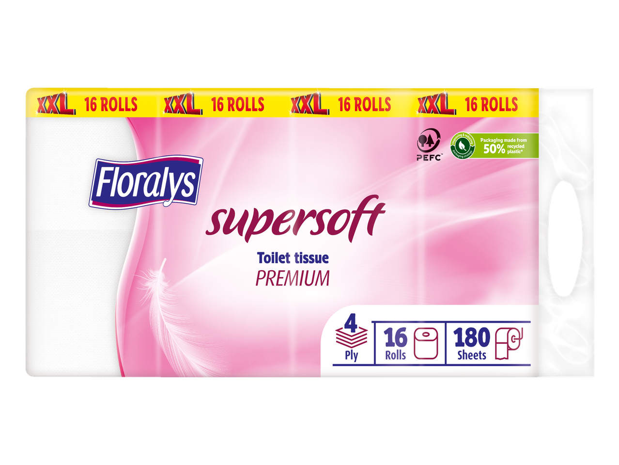 Floralys Supersoft toiletpapier, 16 XXL rollen, 4-laags, 180 vel per rol.