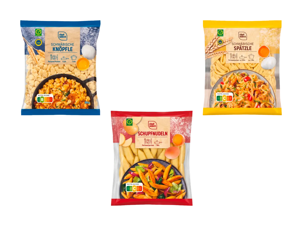 Drei Packungen deutscher Teigwaren: Knöpfle, Spätzle und Schupfnudeln, mit Nutri-Score A oder B.