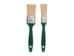Two paintbrushes with green handles and metal ferrules, one 1.5 inches and one 1 inch.