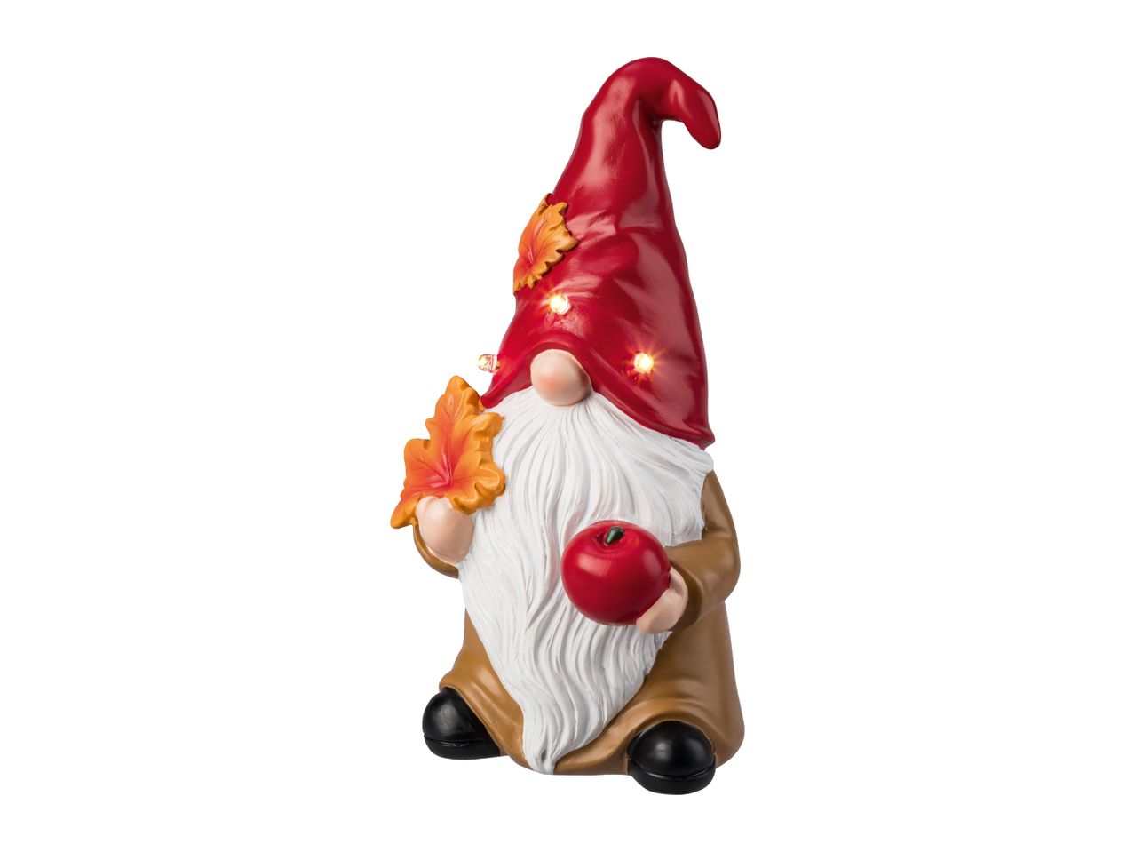 Autumn gnome figurine with a red hat, white beard, holding an apple and a leaf.