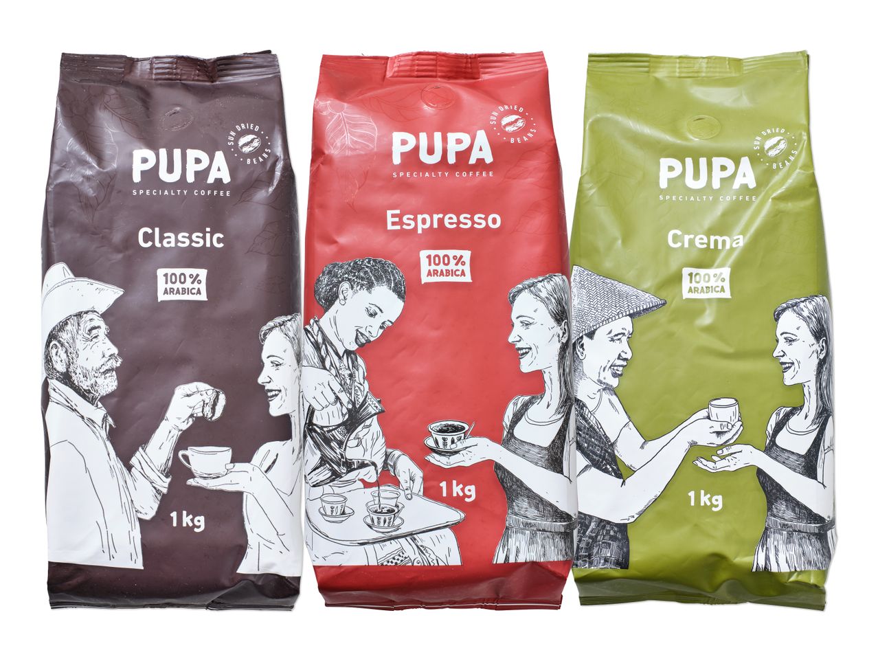 Kolm PUPA kohvipakki: Classic, Espresso ja Crema, igaüks 1 kg ja 100% Arabica.
