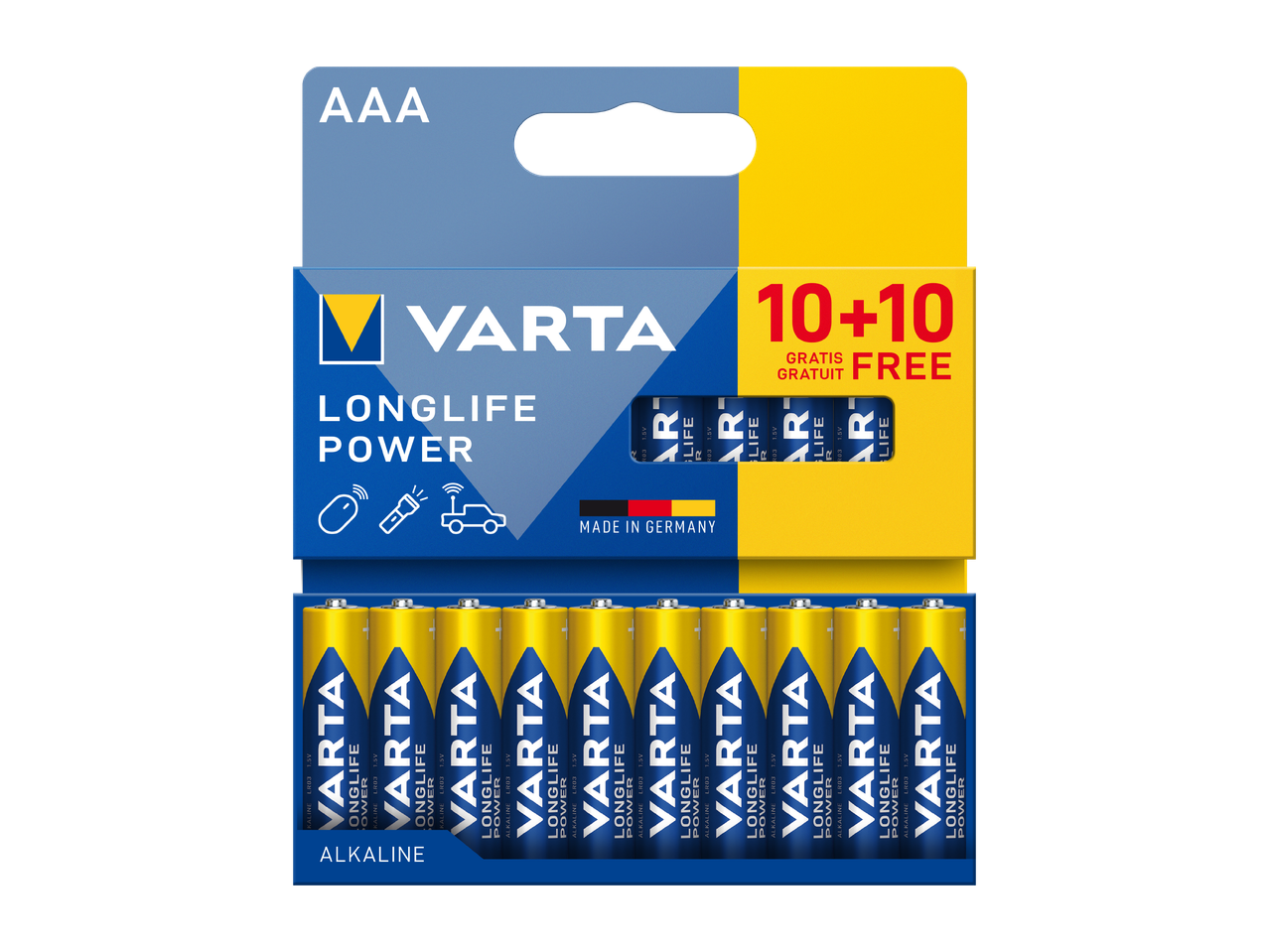 Een verpakking van 20 AAA alkalinebatterijen, met 10+10 gratis aanbieding.