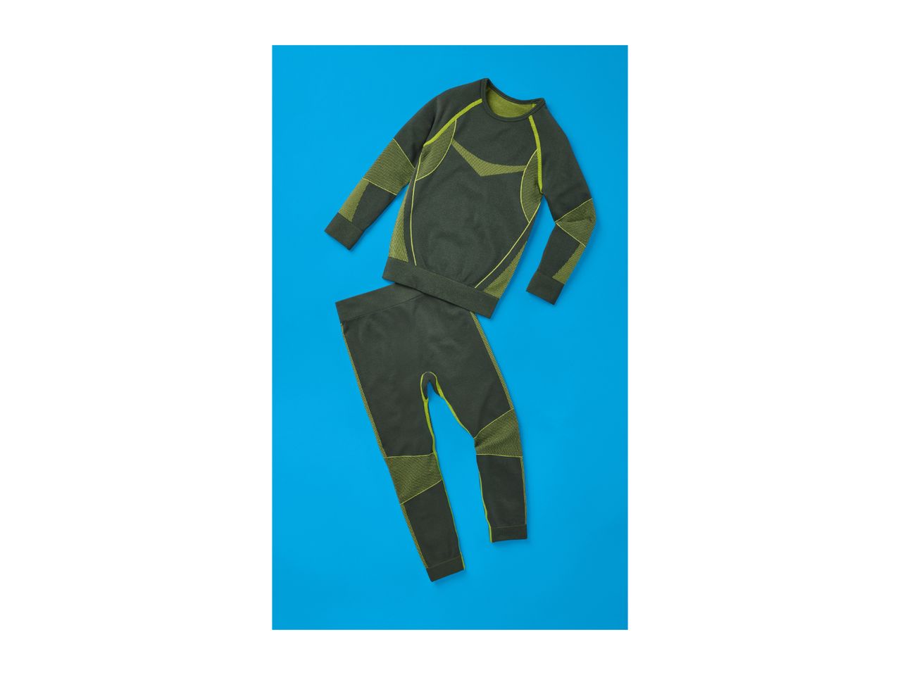 Dark green thermal underwear set with neon yellow accents on a blue background.