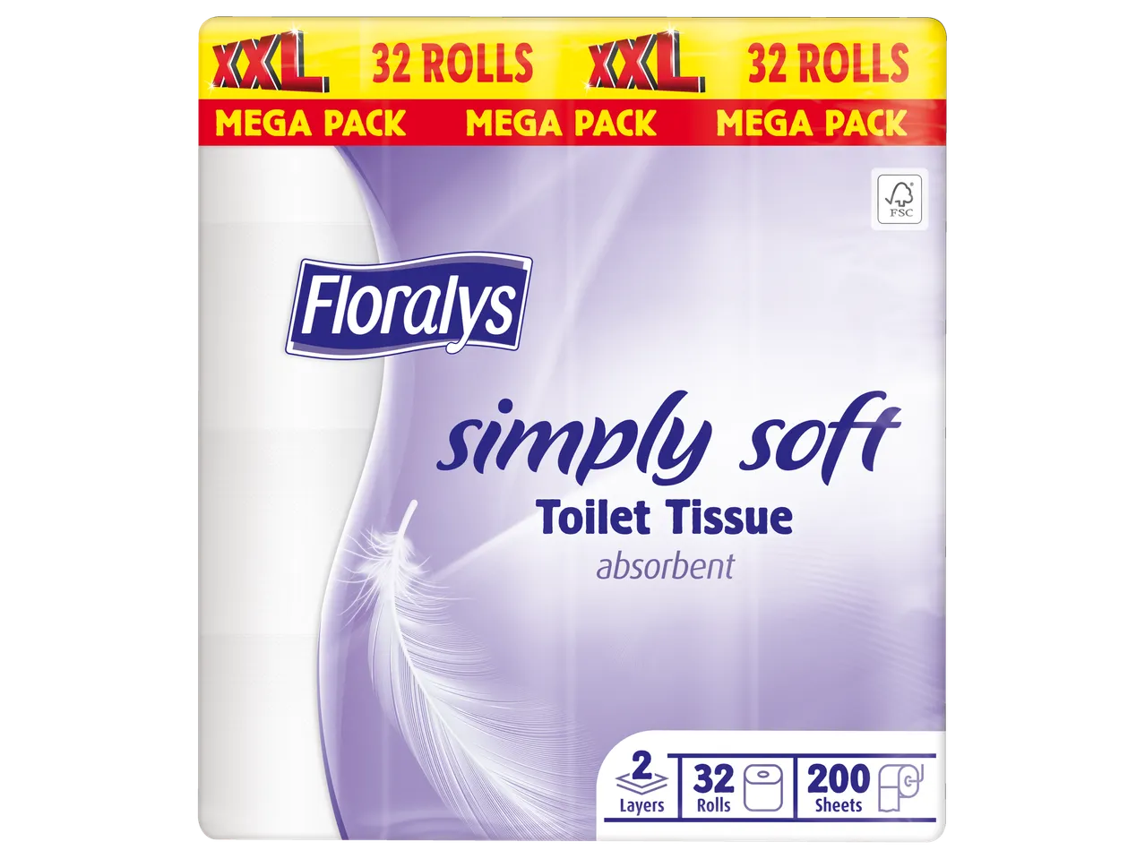 Floralys Simply Soft toiletpapier, XXL megapak met 32 rollen.