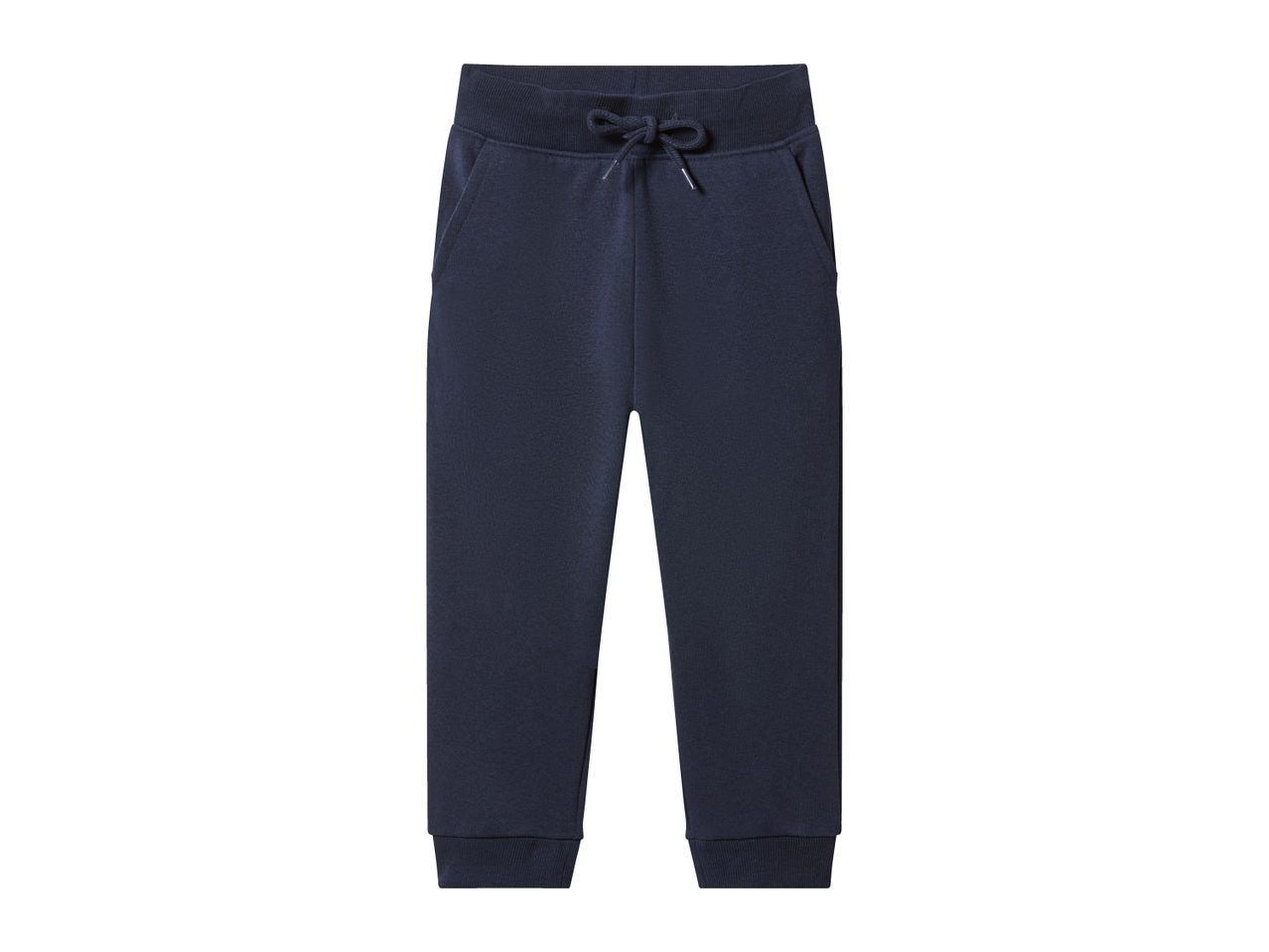 Dark blue sweatpants with an elastic waistband and drawstring