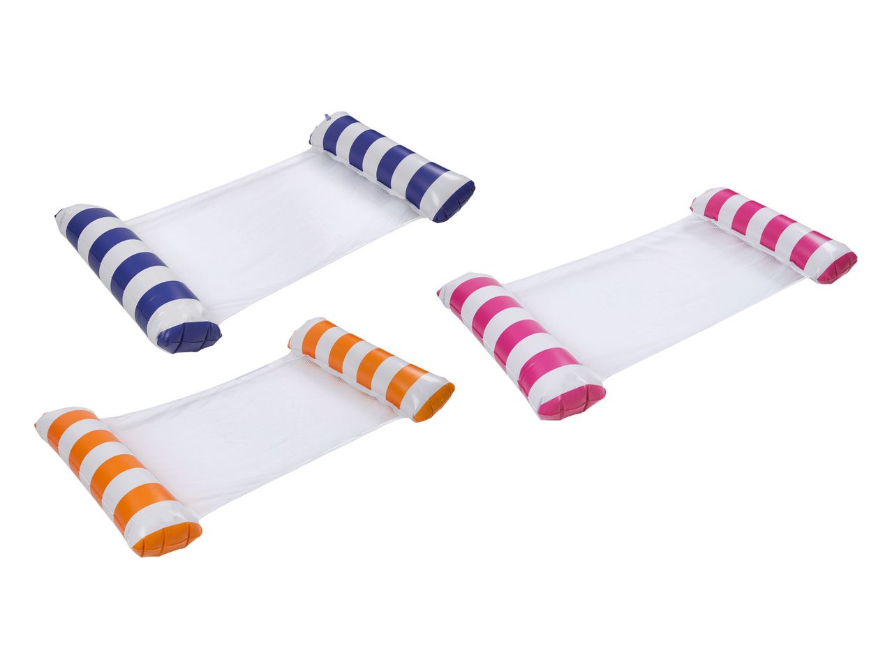 Drei aufblasbare Pool-Hängematten in Blau, Pink und Orange mit weißen Streifen.