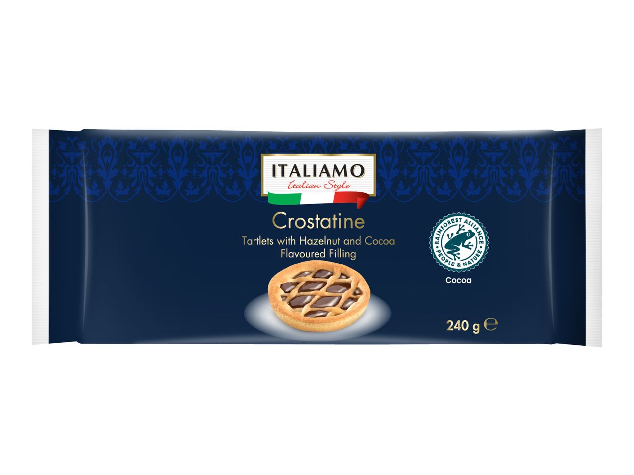 Dark blue package of Italian-style hazelnut and cocoa tartlets, 240g.