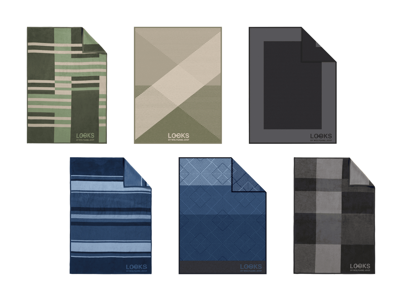 Six couvertures ou plaids aux motifs et couleurs variés, avec le logo 'LOOKS by Wolfgang Joop'.
