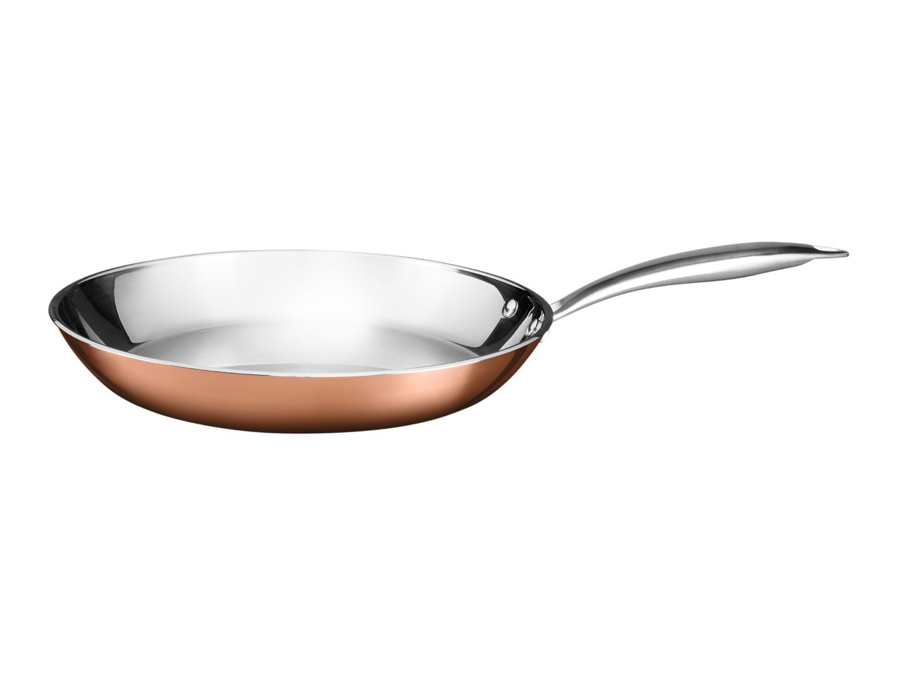 Copper-colored frying pan with a stainless steel interior and handle