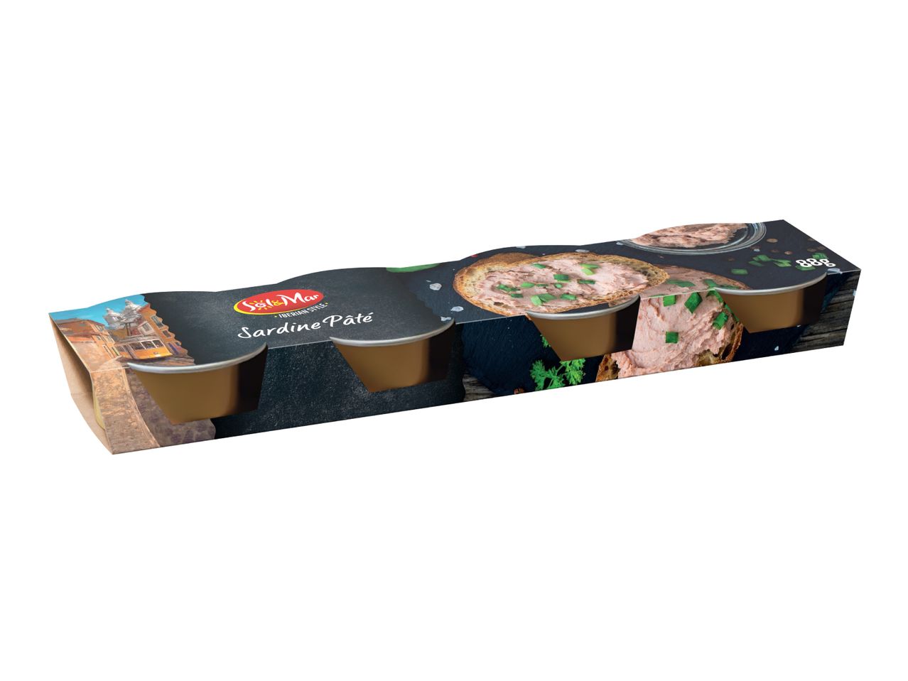 Sardine pâté in a 4-pack, with images of pâté on bread and a Lisbon street scene.