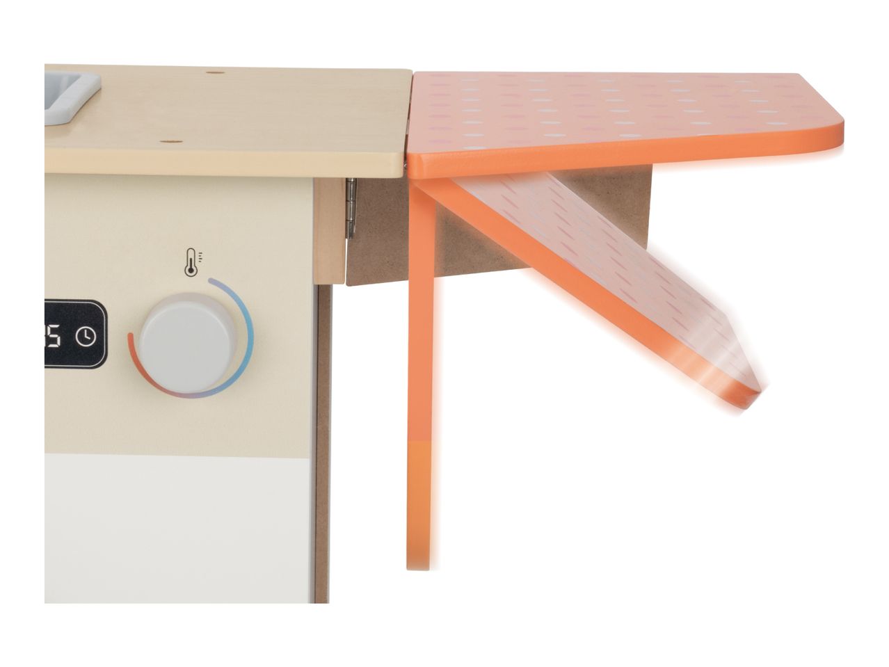 A wooden toy kitchen with a light-colored countertop and an orange side extension.