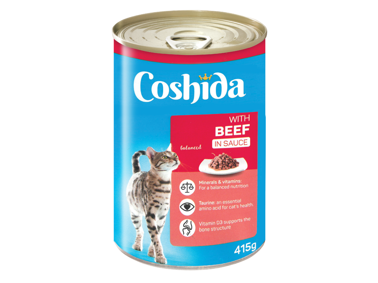 Консерва котешка храна с говеждо в сос, 415 г, с минерали, витамини, таурин и витамин D3.