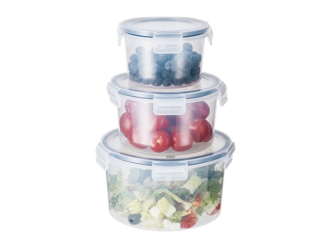 Three stackable clear plastic food storage containers with various contents.