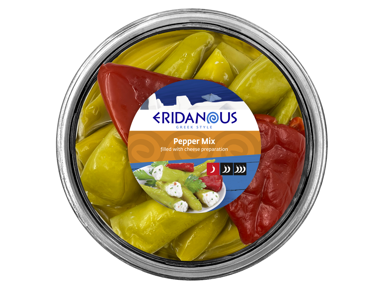 Overhead view of a jar of pepper mix, with green and red peppers, some filled with cheese.