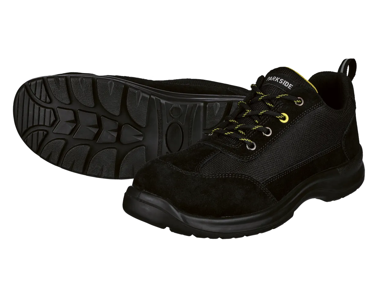 Sapatos de segurança Parkside® S1 pretos com atacadores amarelos e sola antiderrapante.