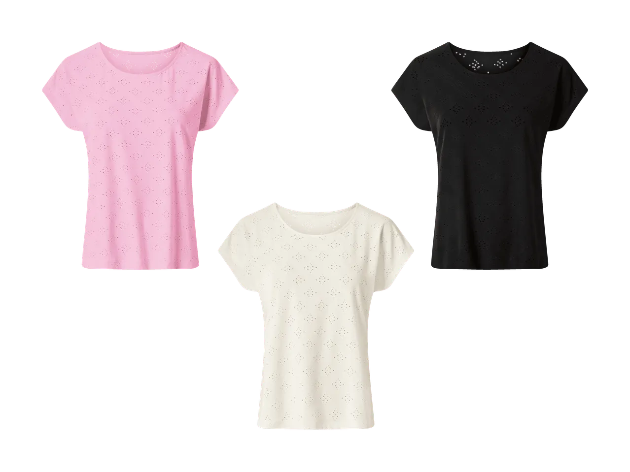 Drei kurzärmelige T-Shirts mit Lochstickerei in Rosa, Schwarz und Creme.