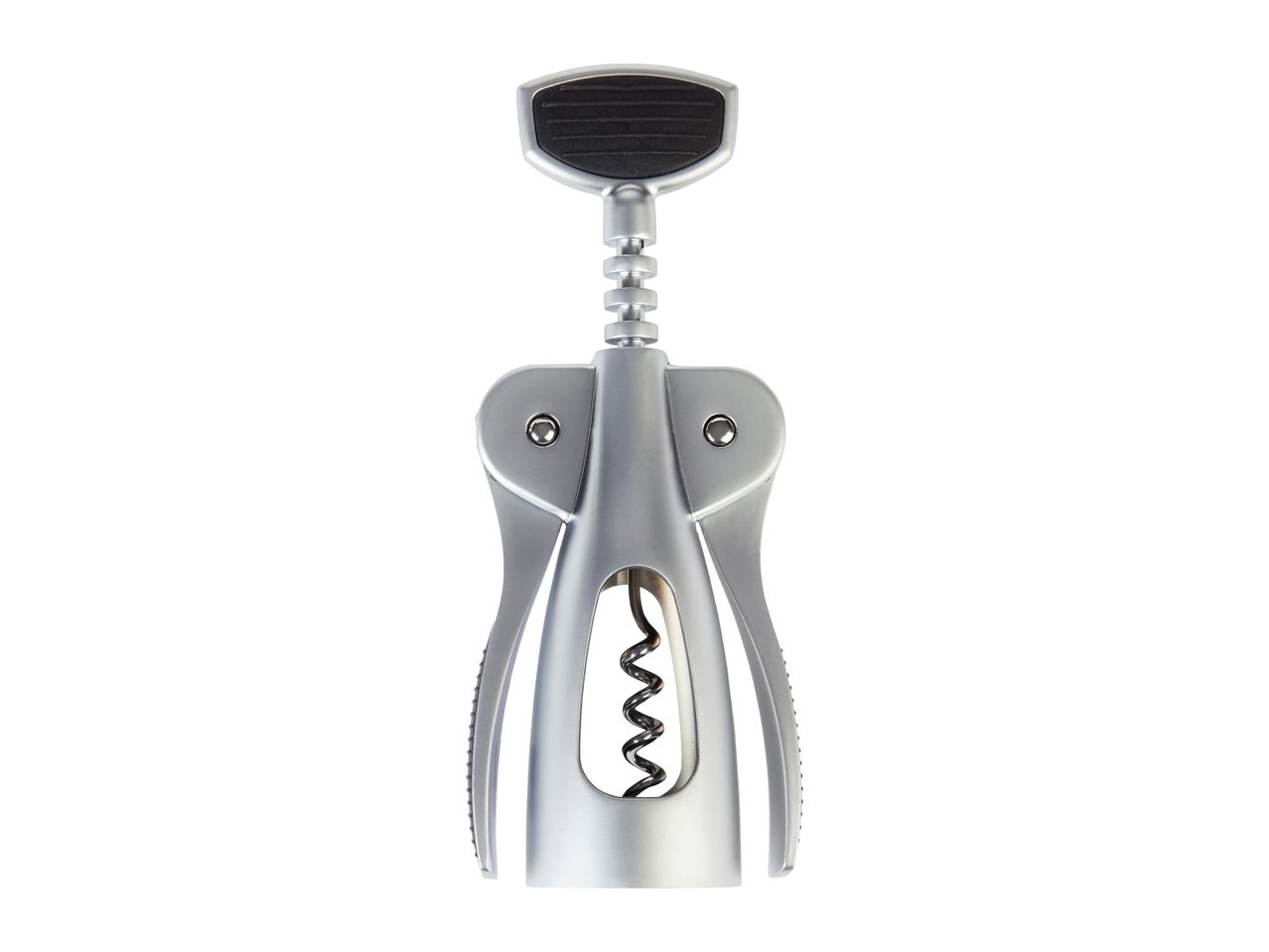 A silver waiter's corkscrew with a black top.