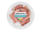 Roulés de jambon serrano au fromage frais dans un emballage transparent, avec Nutri-Score E et 100 g.