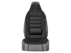 A black and gray car seat cover with breathable mesh inserts and Lumbar Support.