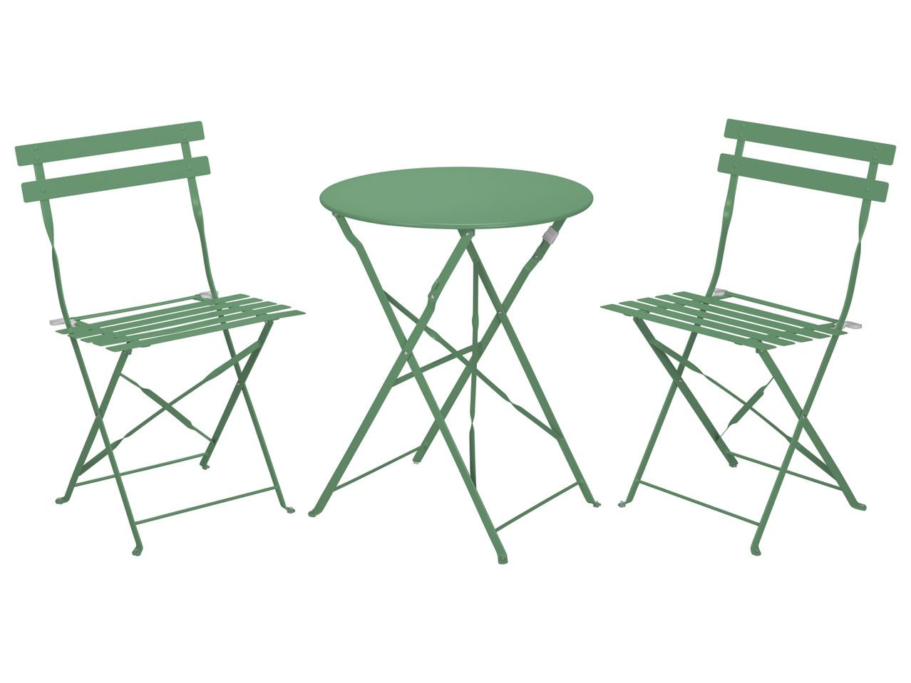 A green metal bistro set with a round table and two folding chairs.