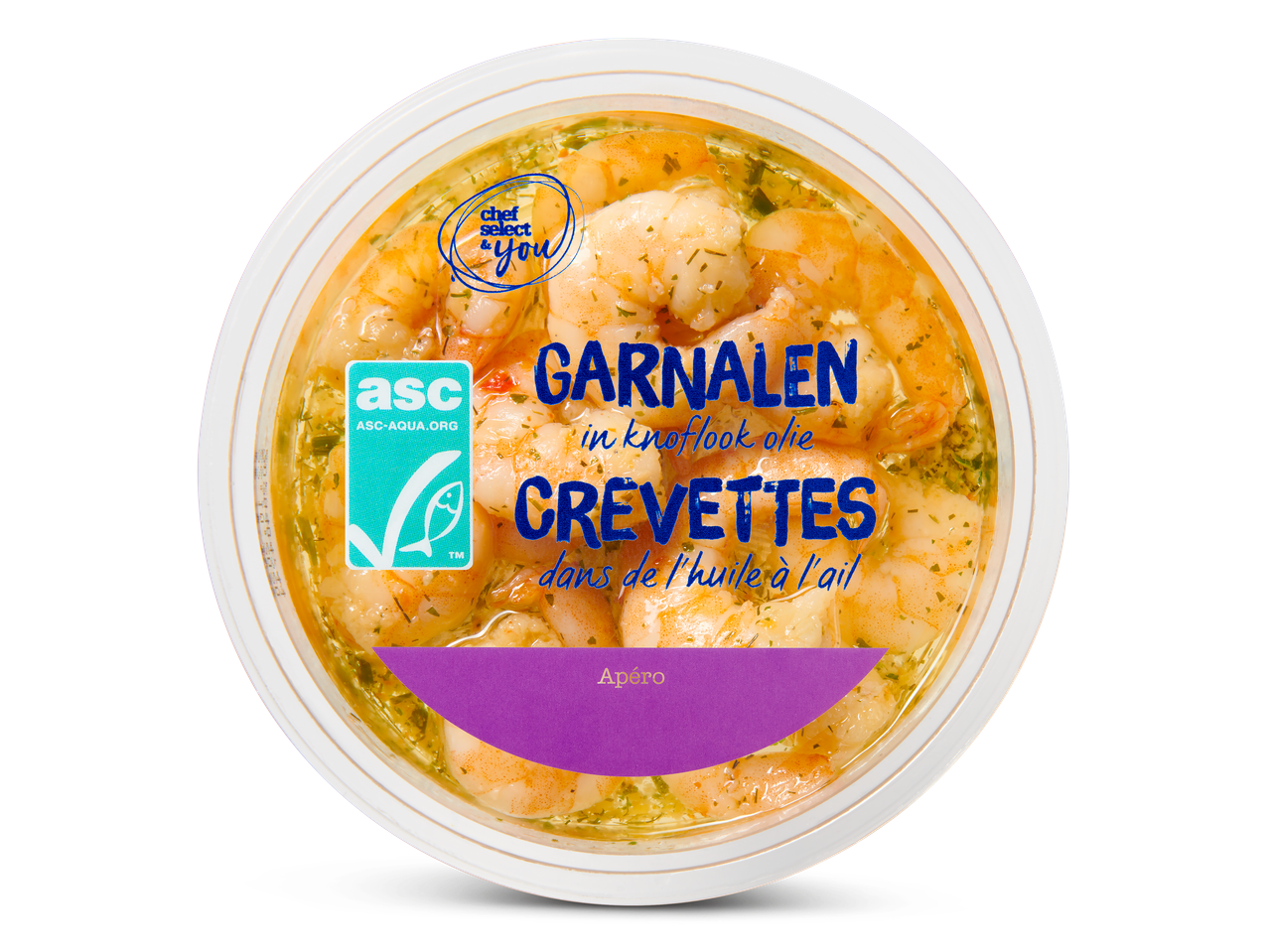 Garnalen in knoflookolie, voor aperitief, met ASC-certificering.