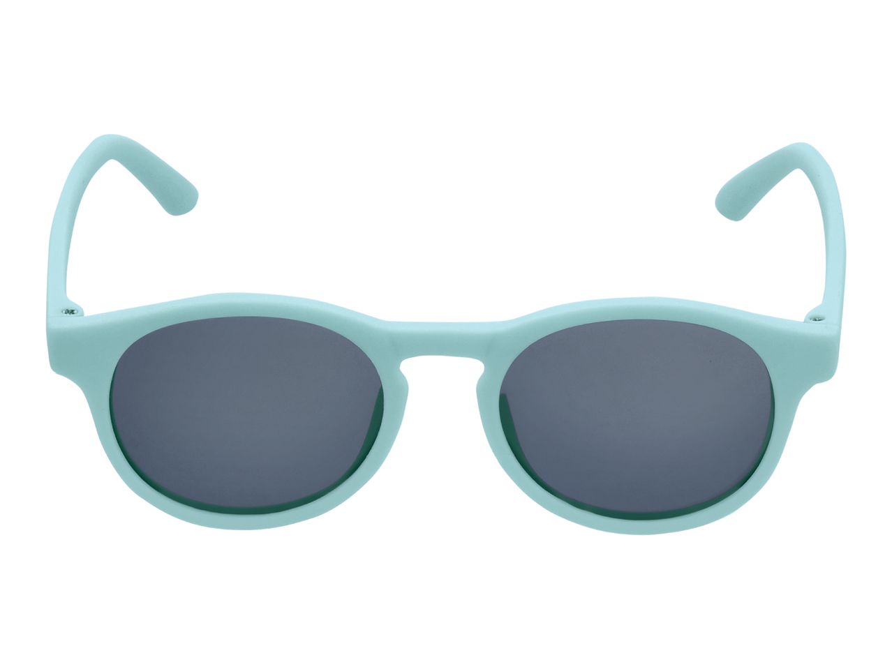 Light blue children's sunglasses with dark lenses, isolated on a white background.