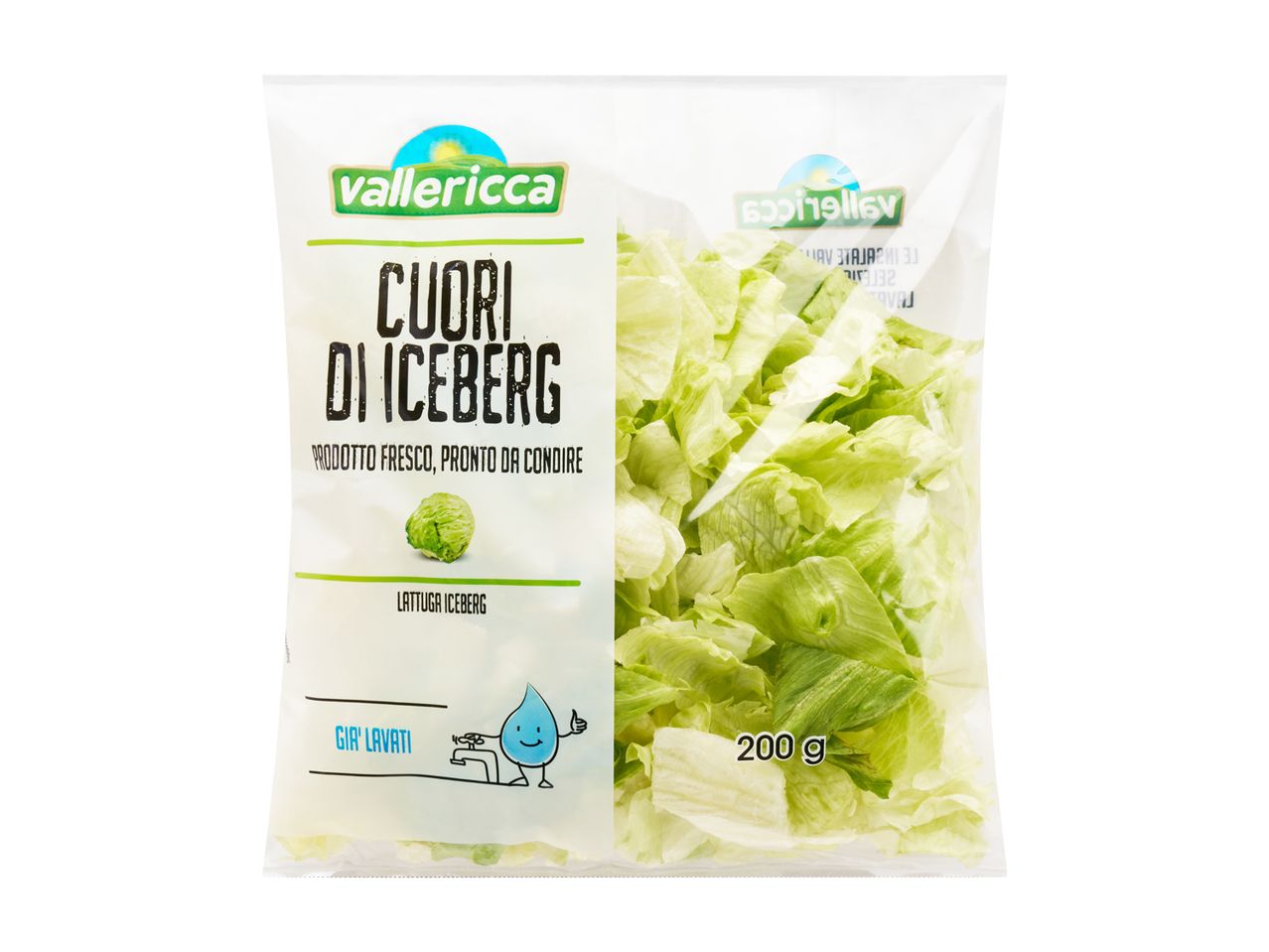 Sacchetto di 200g di cuori di iceberg Vallericca, già lavati e pronti da condire.