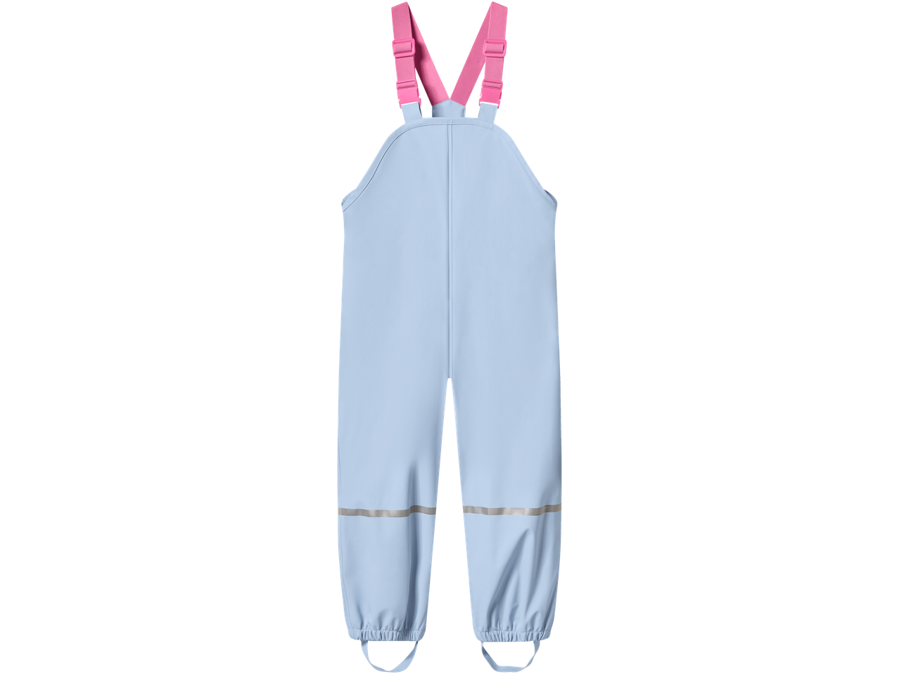 Zilas bērnu ūdensnecaurlaidīgas bikses ar rozā lencēm un atstarojošām detaļām.