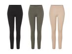 Tre par leggings i sort, oliven og beige farve.