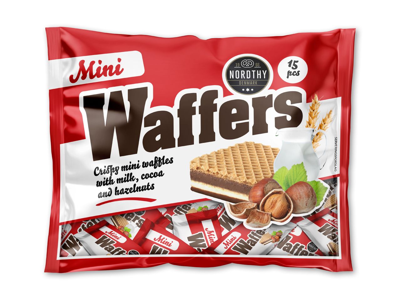 Rød pose med mini vafler med mælk, kakao og hasselnødder, 15 stk.