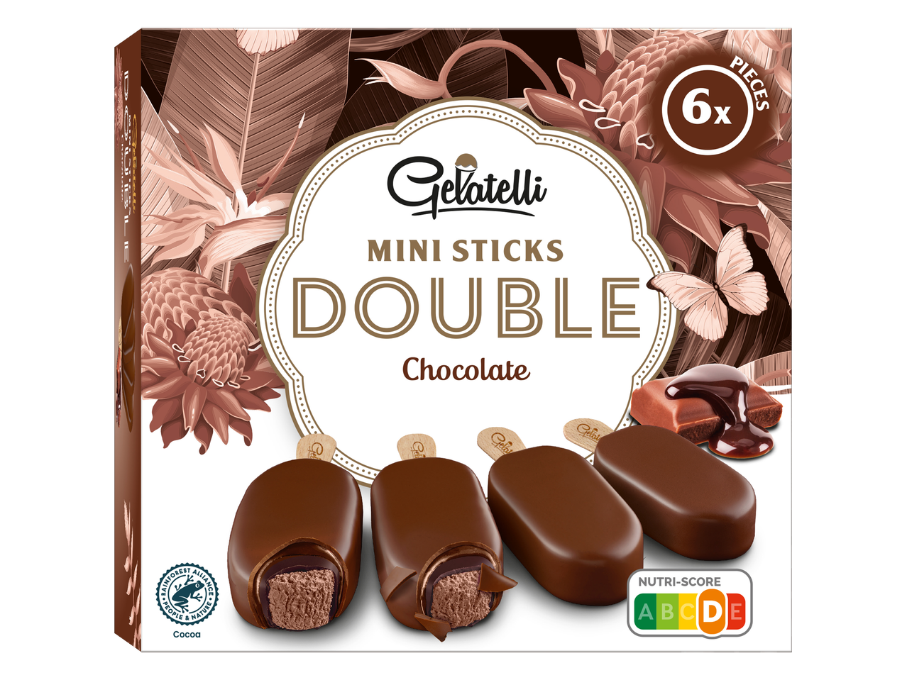 Embalagem de Gelatelli Mini Sticks Double Chocolate, com 6 unidades.