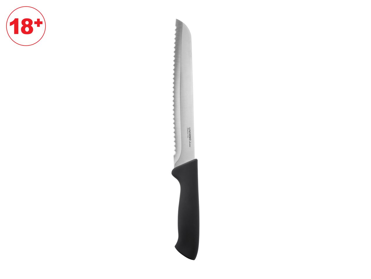 An 18' bread knife with a black handle.