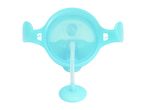 Light blue baby sippy cup lid with handles and a straw, viewed from above.