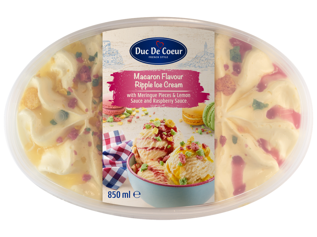 Duc De Coeur makaronų skonio ripple ledai 850 ml indelyje.