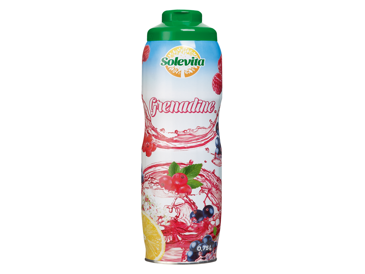Bouteille de sirop de grenadine Solevita avec illustrations de fruits et un bouchon vert.