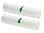 Two rolls of vacuum sealer bags with green labels.