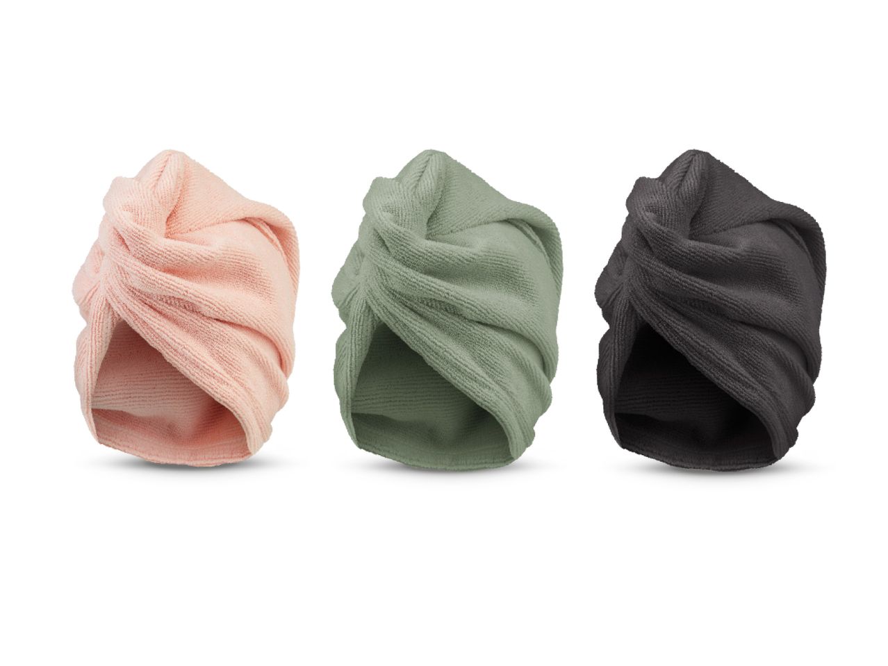 Tri frotirne turban-ručnika za kosu u pastelno roza, maslinasto zelenoj i tamno sivoj boji.