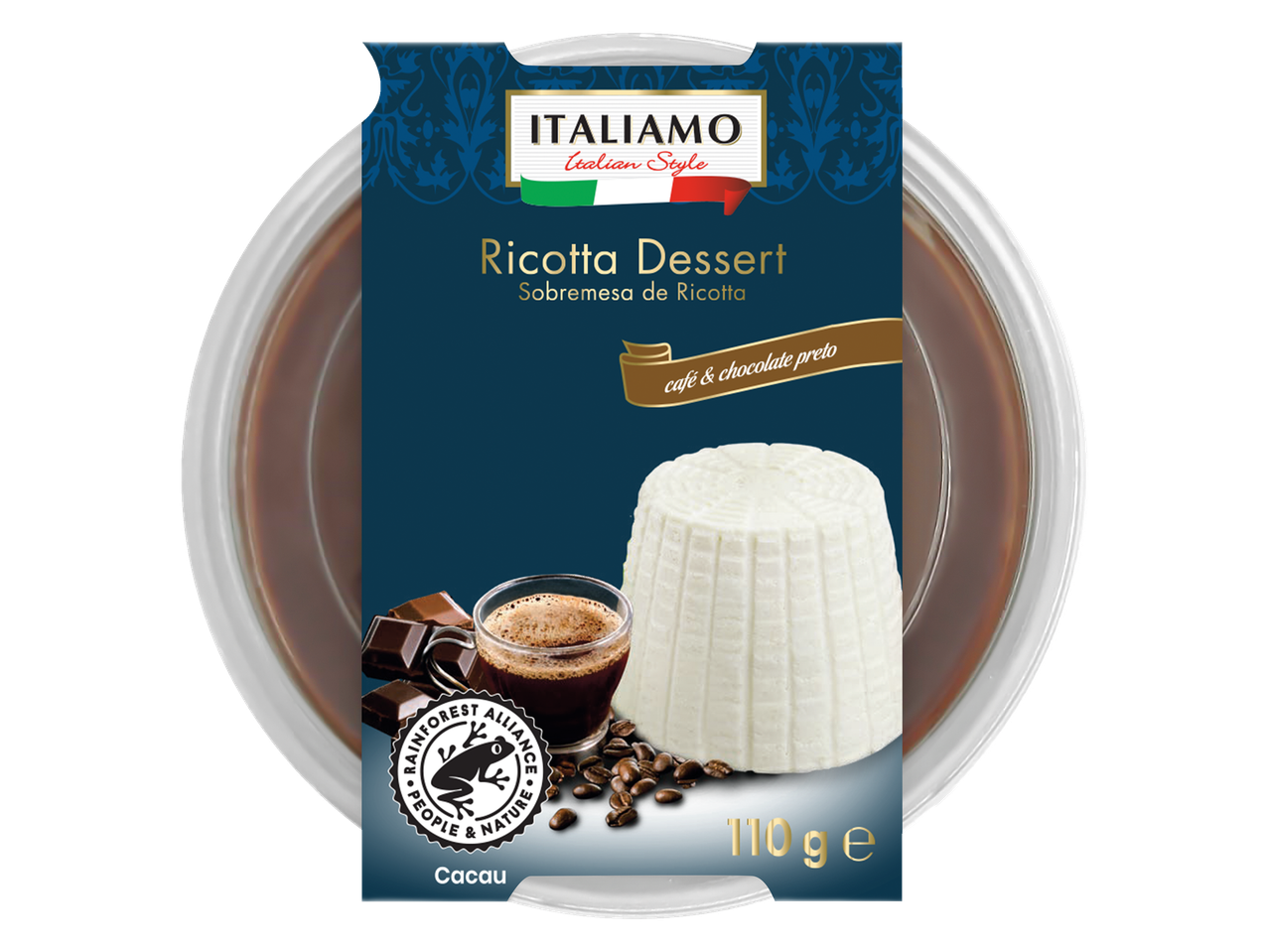 ITALIAMO Ricotta Dessert: Pote de 110g com ricota, café e chocolate.