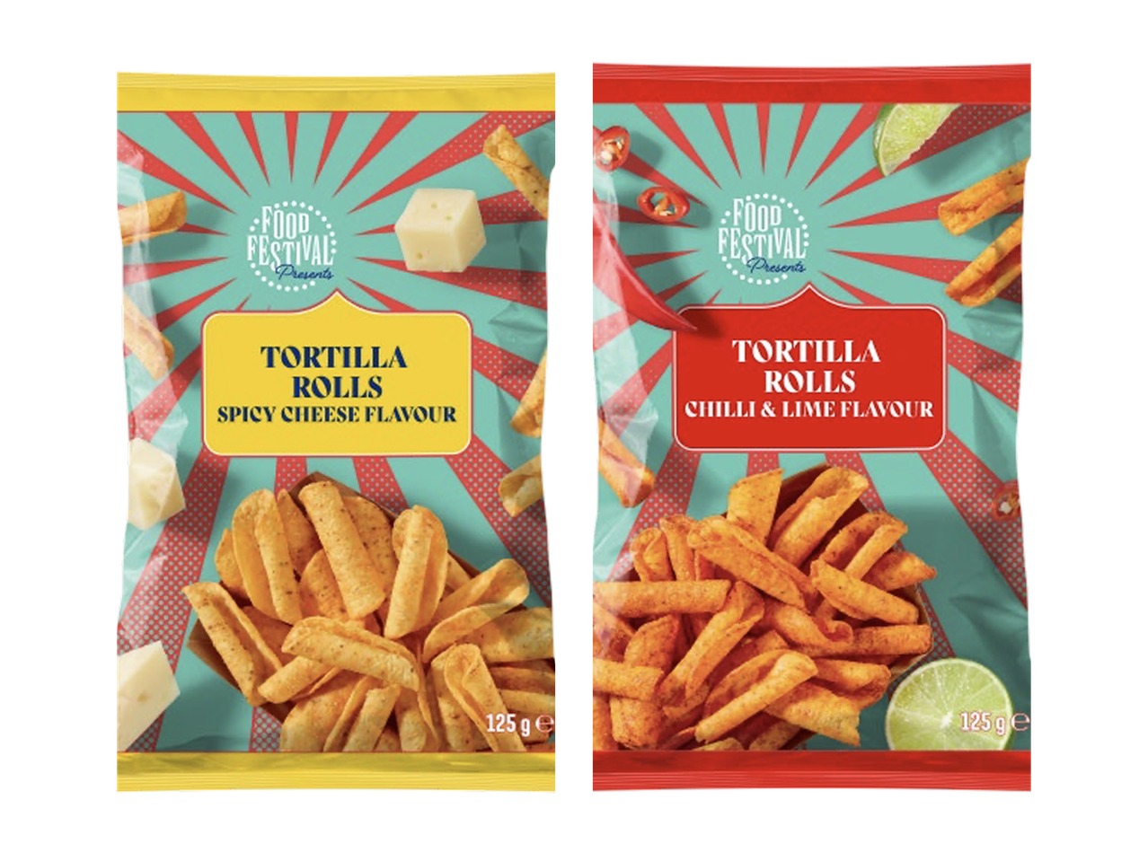 Dois pacotes de tortilhas enroladas, um de queijo picante e outro de chili e lima.