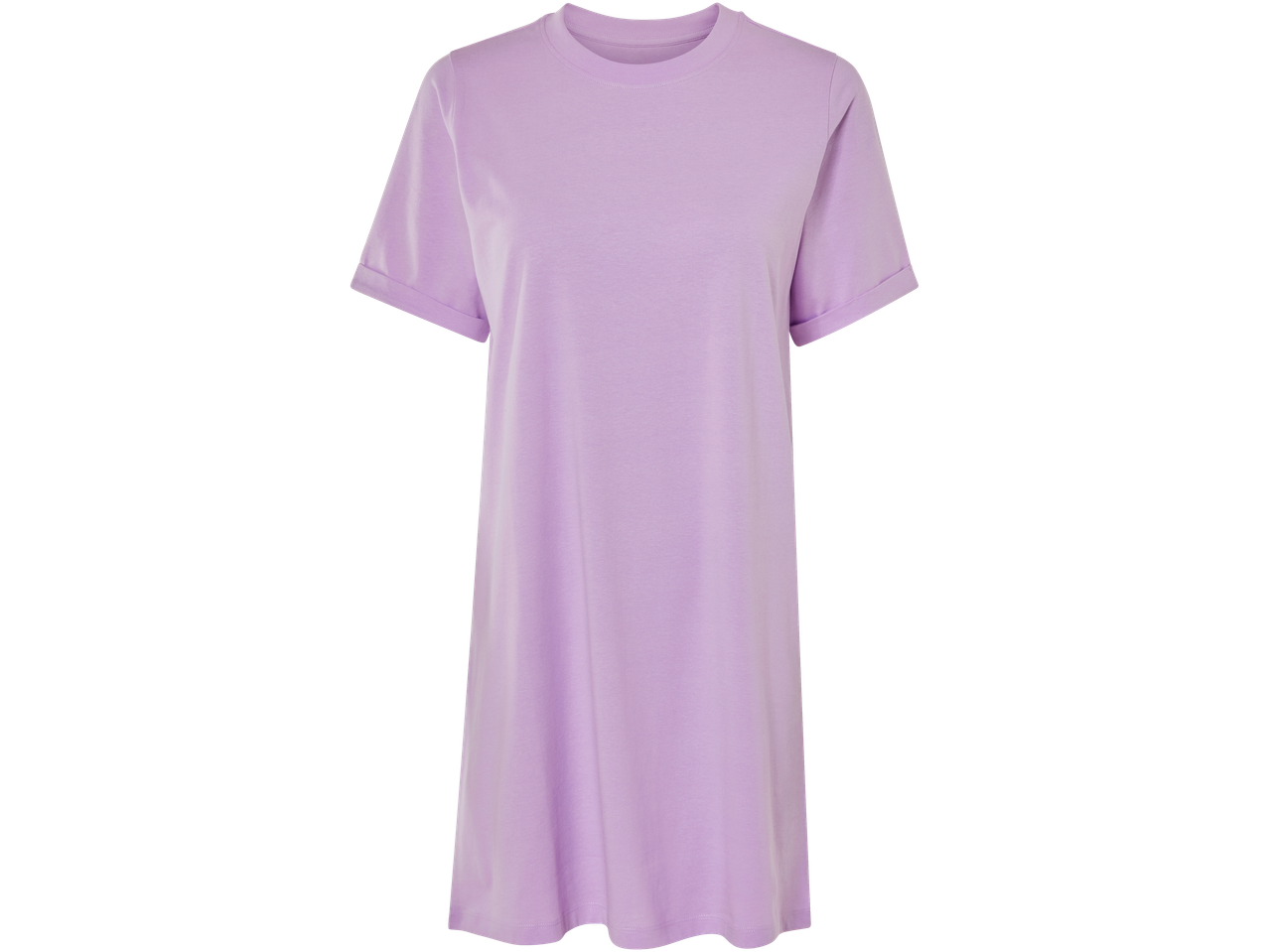 Lila poletna obleka s kratkimi rokavi.
