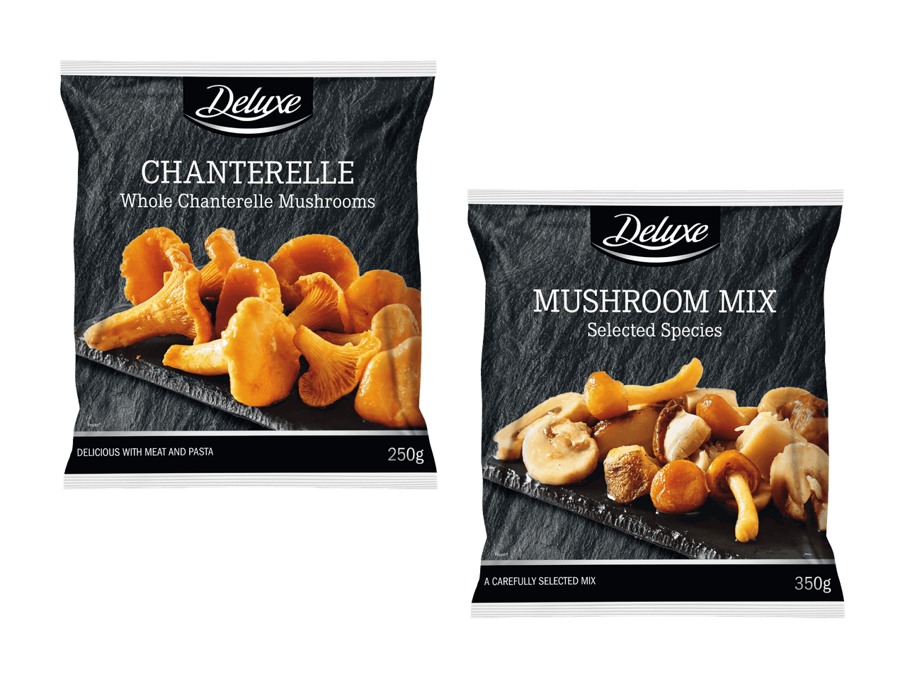 Zwei Packungen Deluxe-Pilze: Pfifferlinge und eine Pilzmischung.