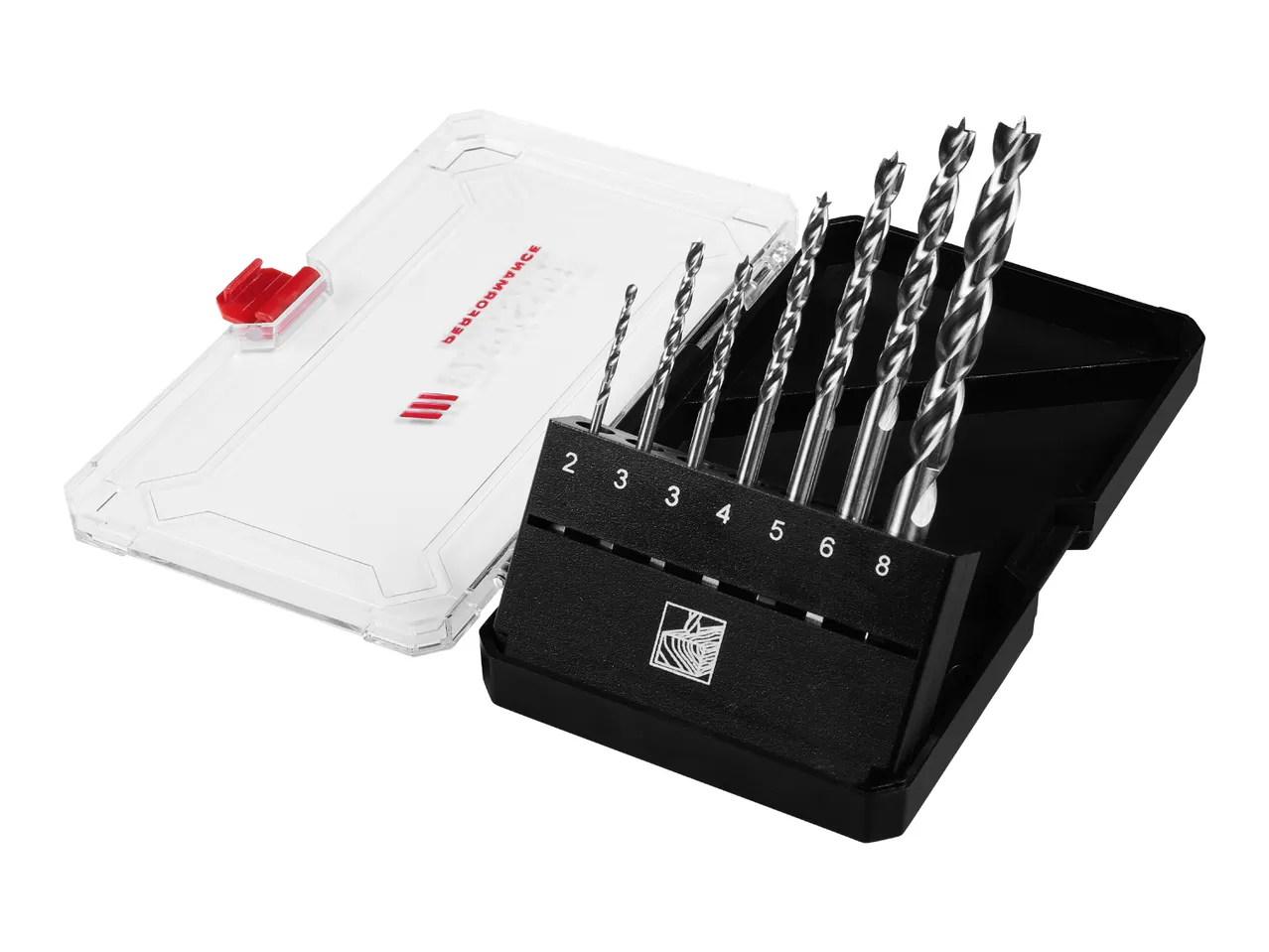Drill bit set with various sizes in a black case and clear lid