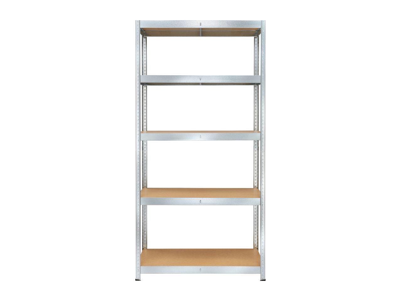 Five-tier metal shelving unit with wooden shelves on a white background