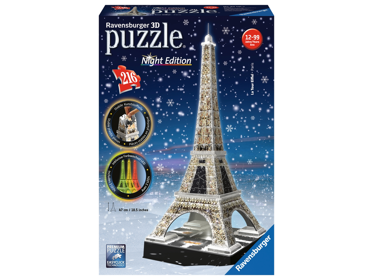 Ravensburger 3D pusle Eiffeli tornist, ööversioon 216 tükiga ja LED-tuledega.