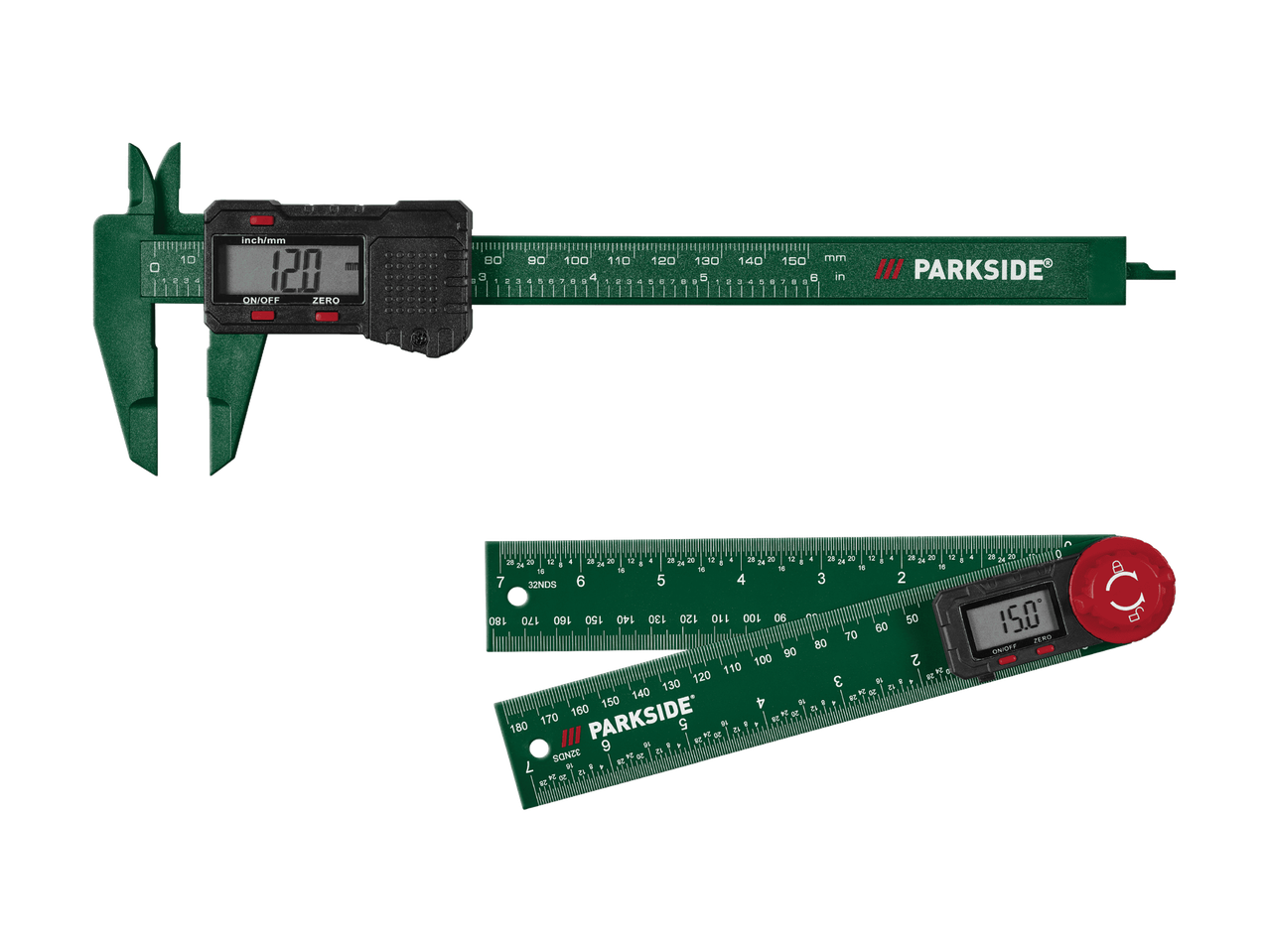 Digitaler Messschieber und digitaler Winkelmesser mit Display, beide dunkelgrün.