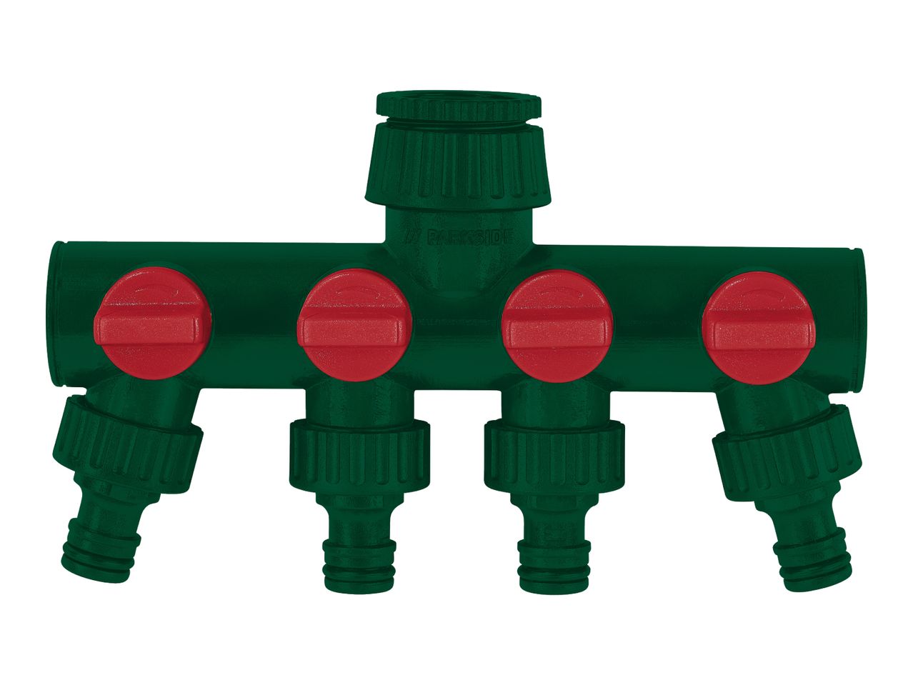 Green 4-way hose distributor with red shut-off valves.