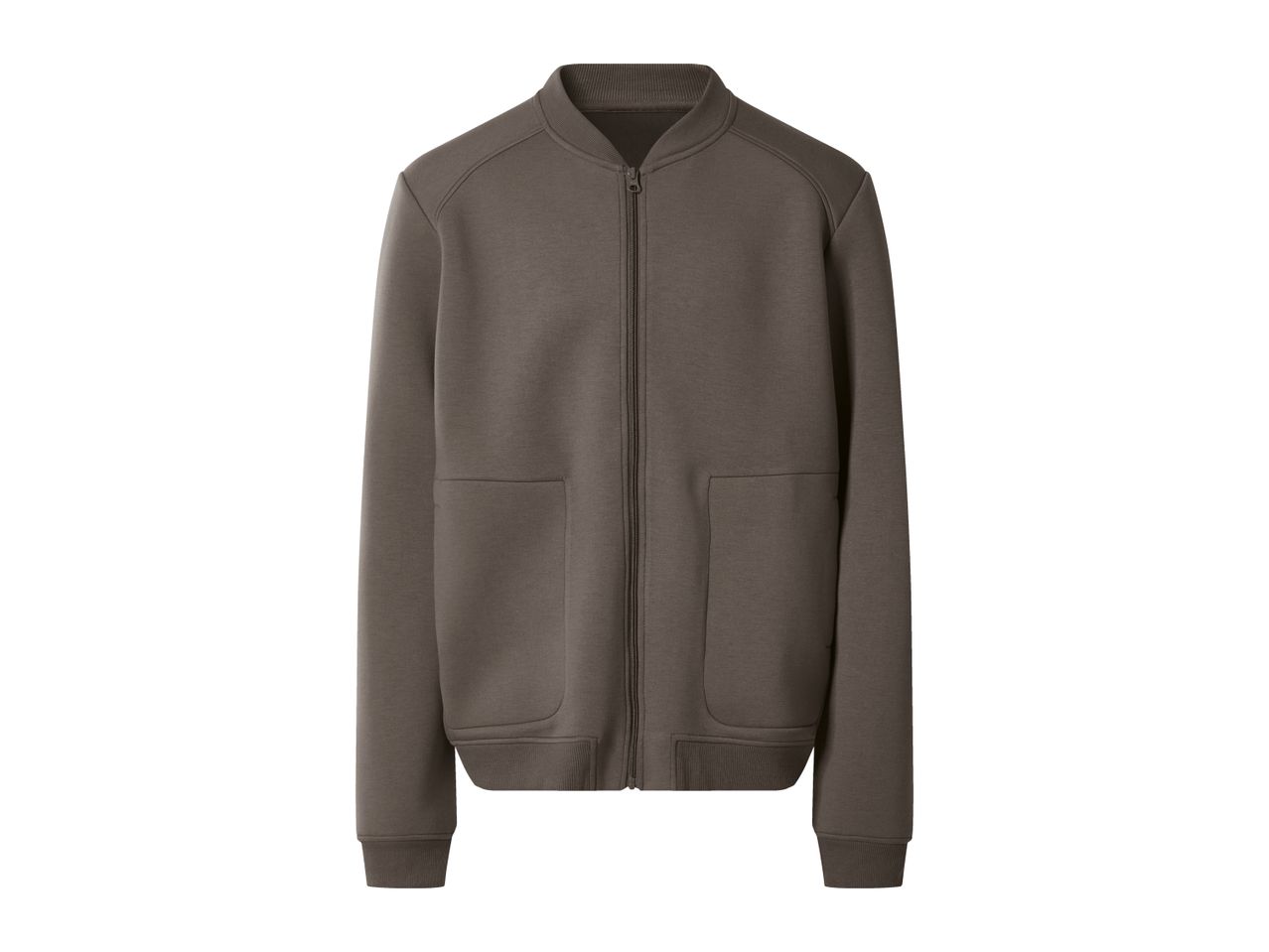 Dark brown men's bomber jacket with a zipper and two front pockets.