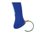 Blue inflatable water toy with a green hose connected to its base