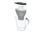 Exploded view of a water filter jug, showing the lid, filter, funnel, and clear pitcher.