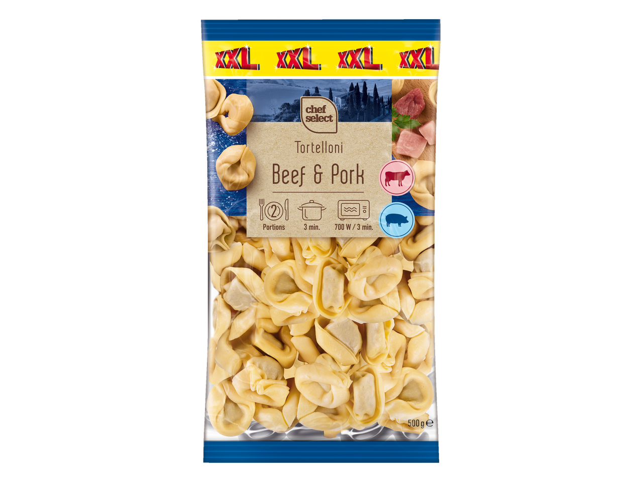 Chef Select XXL liellopa un cūkgaļas tortellīni 500 g iepakojumā.